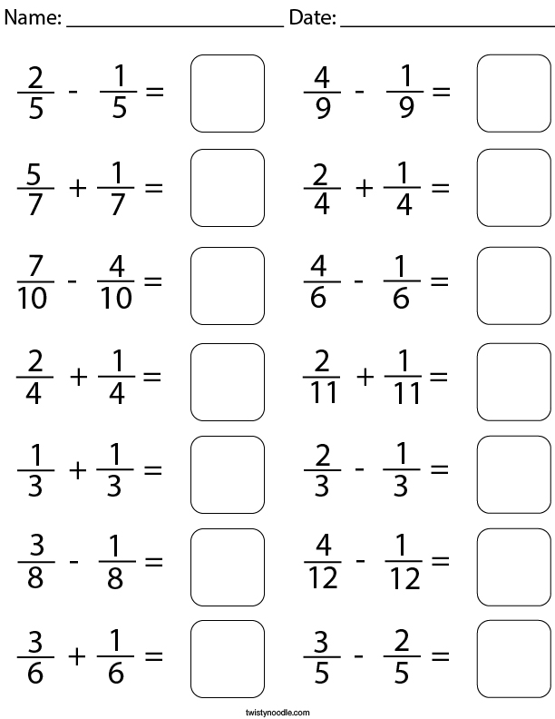 Adding And Subtracting Like Fractions Math Worksheet Twisty Noodle